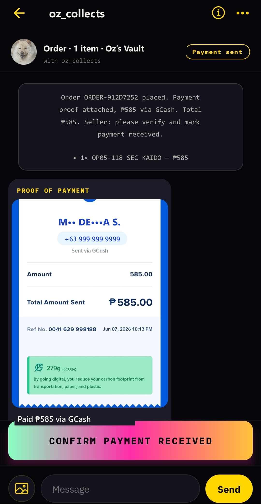 Deal chat with payment proof and confirm button